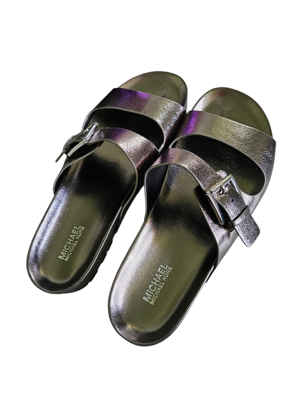 Nwot Michael Kors Metallic Silver Slide Women's Sandals - Picture 11 of 14